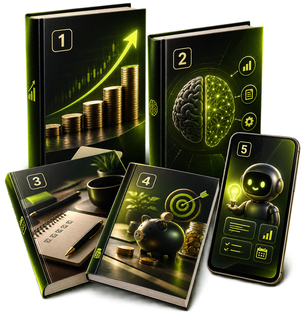 Coleção FinSchool com cinco e-books de organização financeira e IA